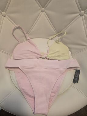 Simons Two-Tone Ribbed Bikini Set in Light Pink and Pale Yellow